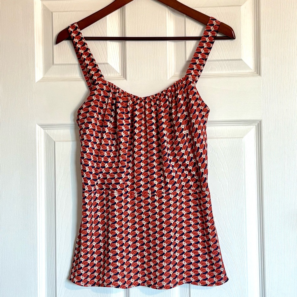 Cabi Dream Day Peplum Smocked Fitted Cami Rust & Navy Pattern Tank Top Size 8